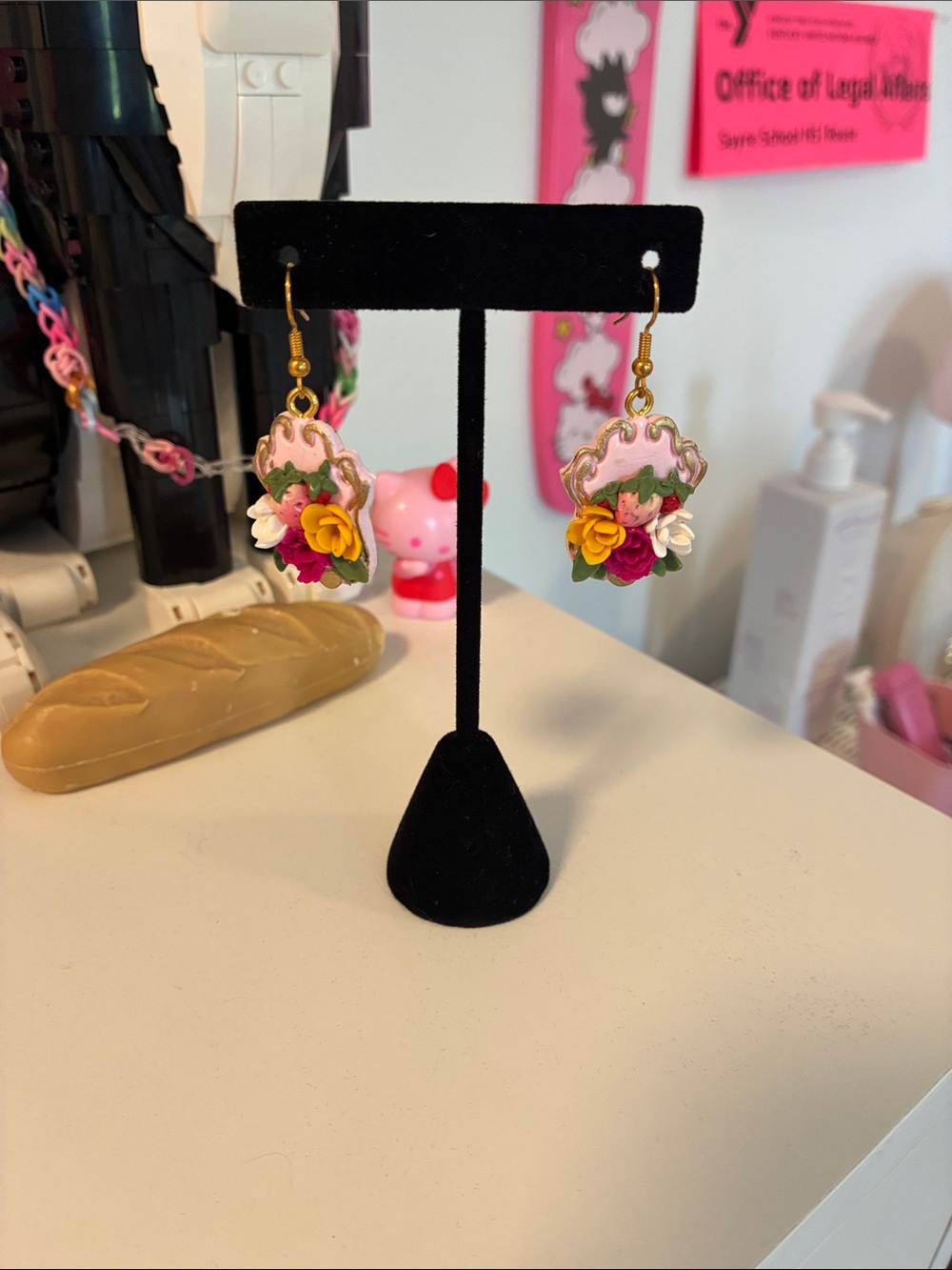 Handcrafted Pink & Yellow & Gold Floral Drop Earrings Strawberries Coquette